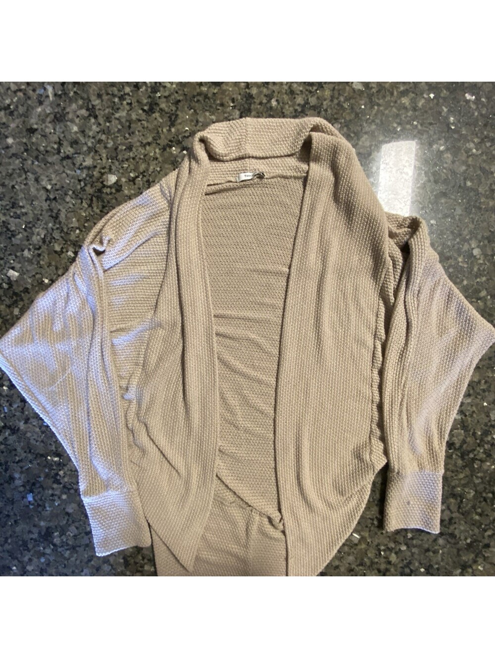 Teenbell Beige Waffle-Knit Collared Open Front Long Sleeve Cardigan Sweater